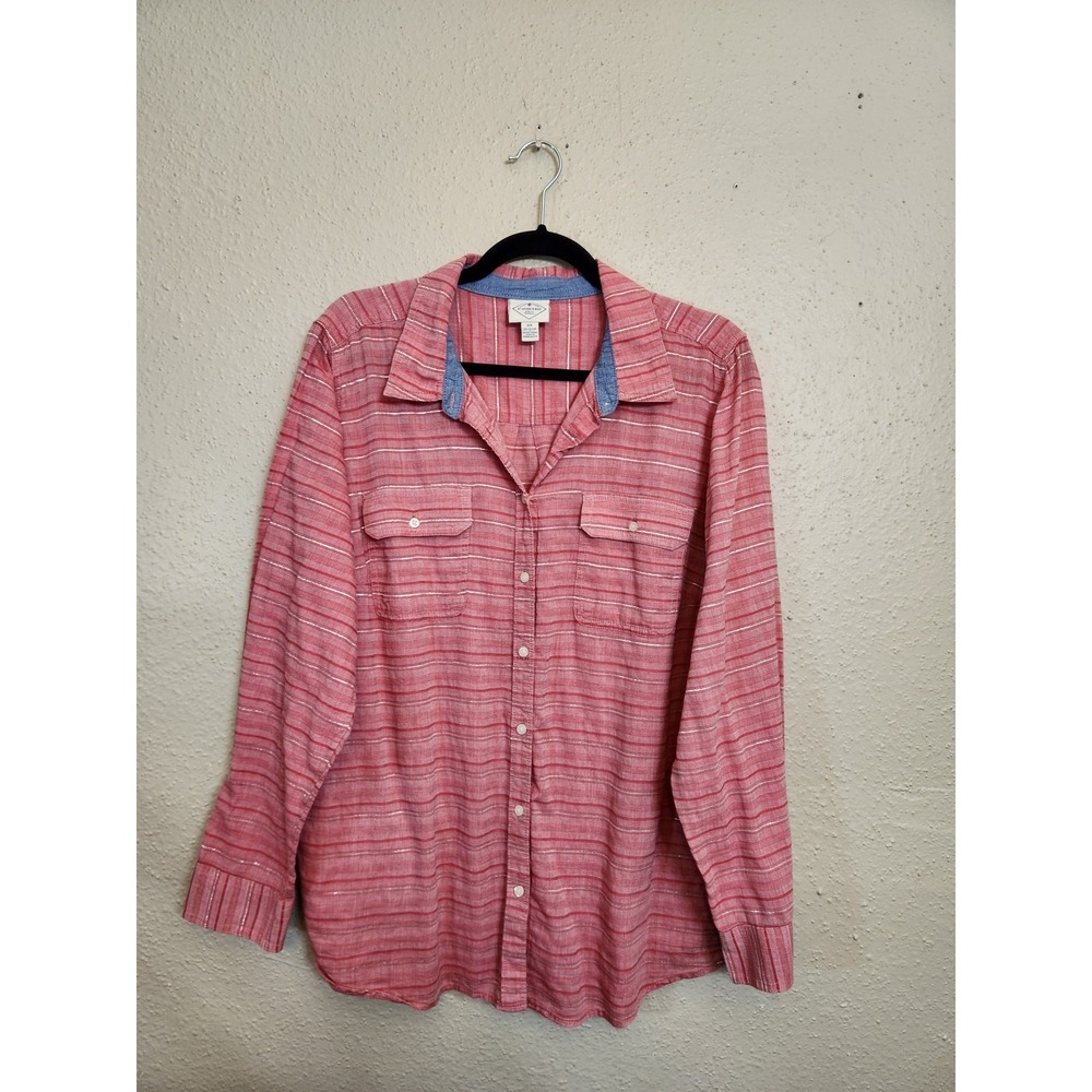 St. Johns Bay Womens 2X Red Striped Button Down Shirt Metallic Long Sleeve